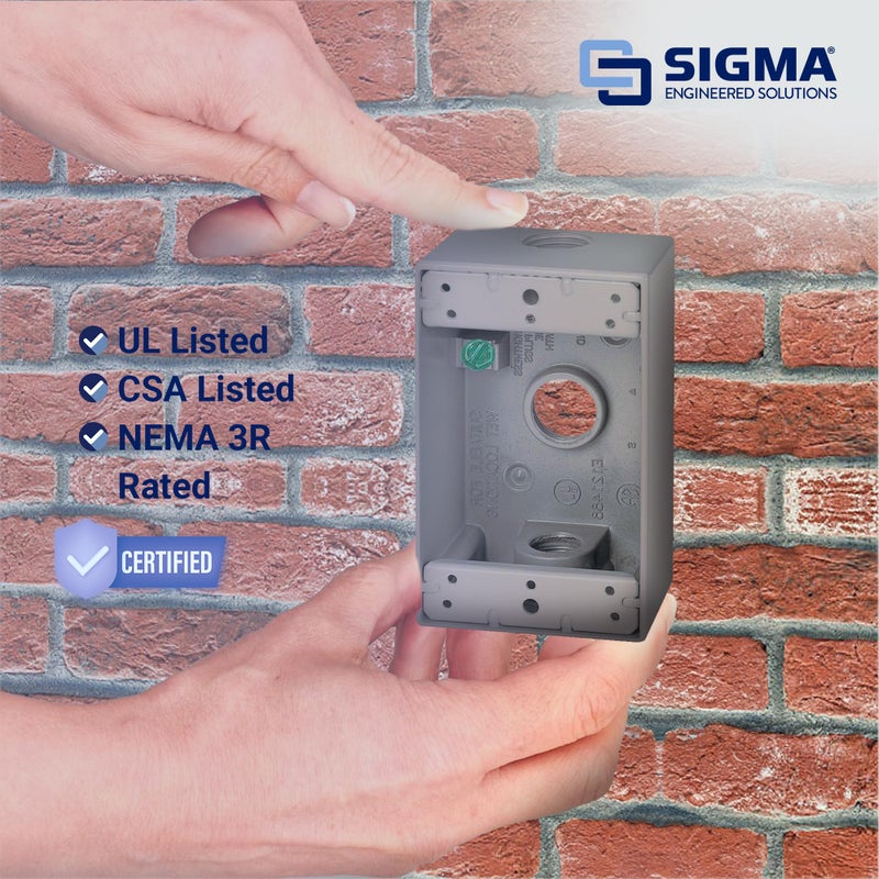 SIGMA ENGINEERED SOLUTIONS 14250 Metal Electrical Outlet Box, Weatherproof, Easy Mount Plug and Receptacle Protector, Gray, (3) 1/2-Inch Holes, 1 Gang Box - Image 3